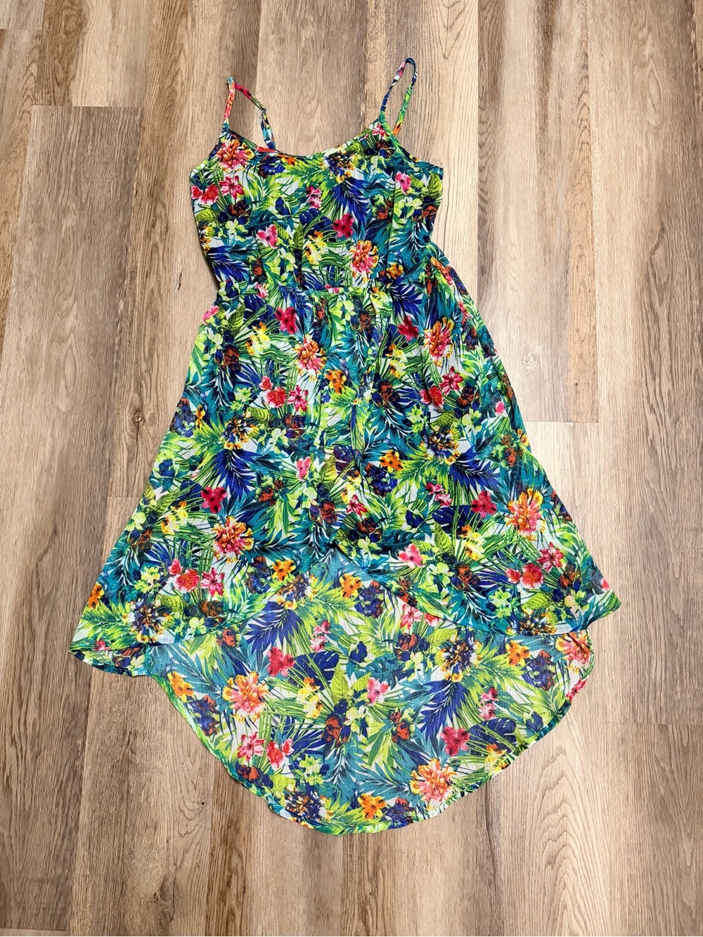 No Boundaries Bright Tropical Floral High-Low Midi Dress
